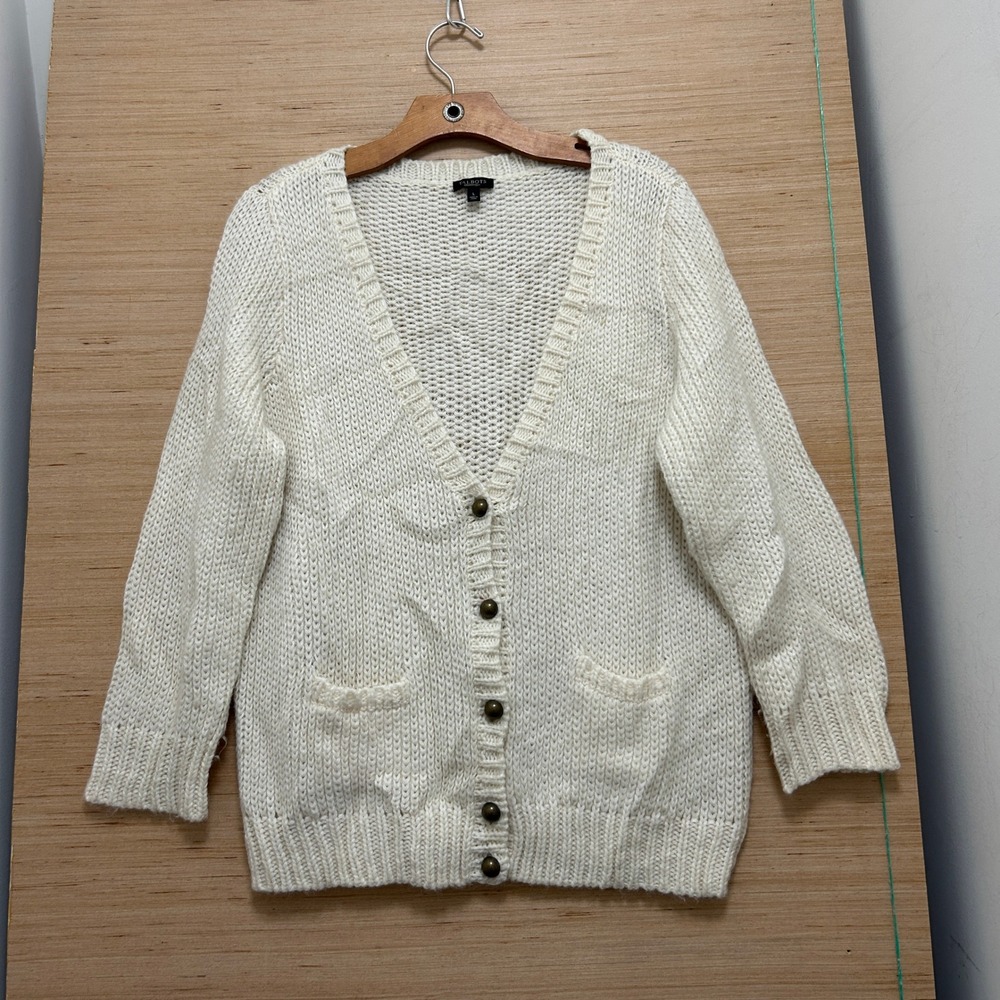 Talbots Womens Cream White Chunky Knit V-Neck Button Front Cardigan Sweater L